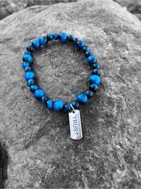 Blue Tiger Eye Beaded 'TRUST' Charm Bracelet
